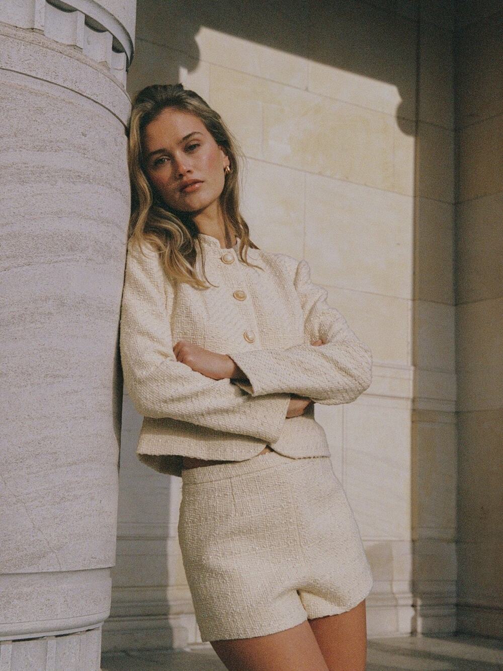 French Connection Women's Structured Tweed Long-Sleeve Jacket Ecru Size 10 3664